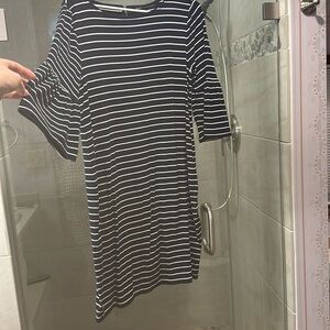 Navy white stripe dress. Bell sleeve. Back zip. Large